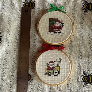 Vintage Santa Cross Stitch Ornaments with Red and Green Bows